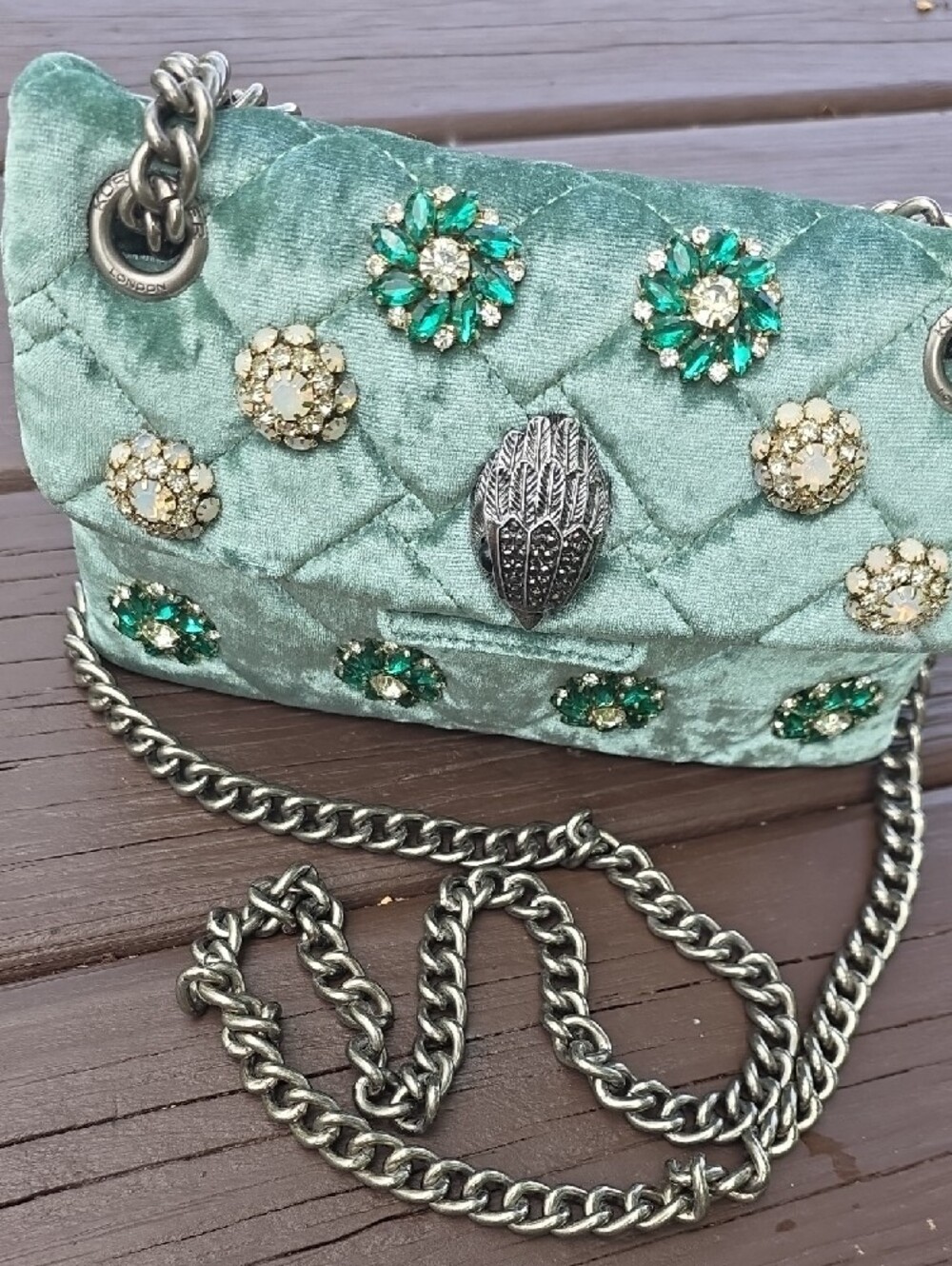 Kurt Geiger Embellished Quilted Green Velvet Shoulder Bag - Picture 2 of 16